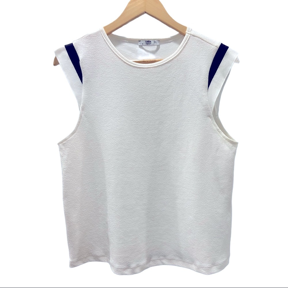 ZARA White Top with Black Striped Cap Sleeve Large
